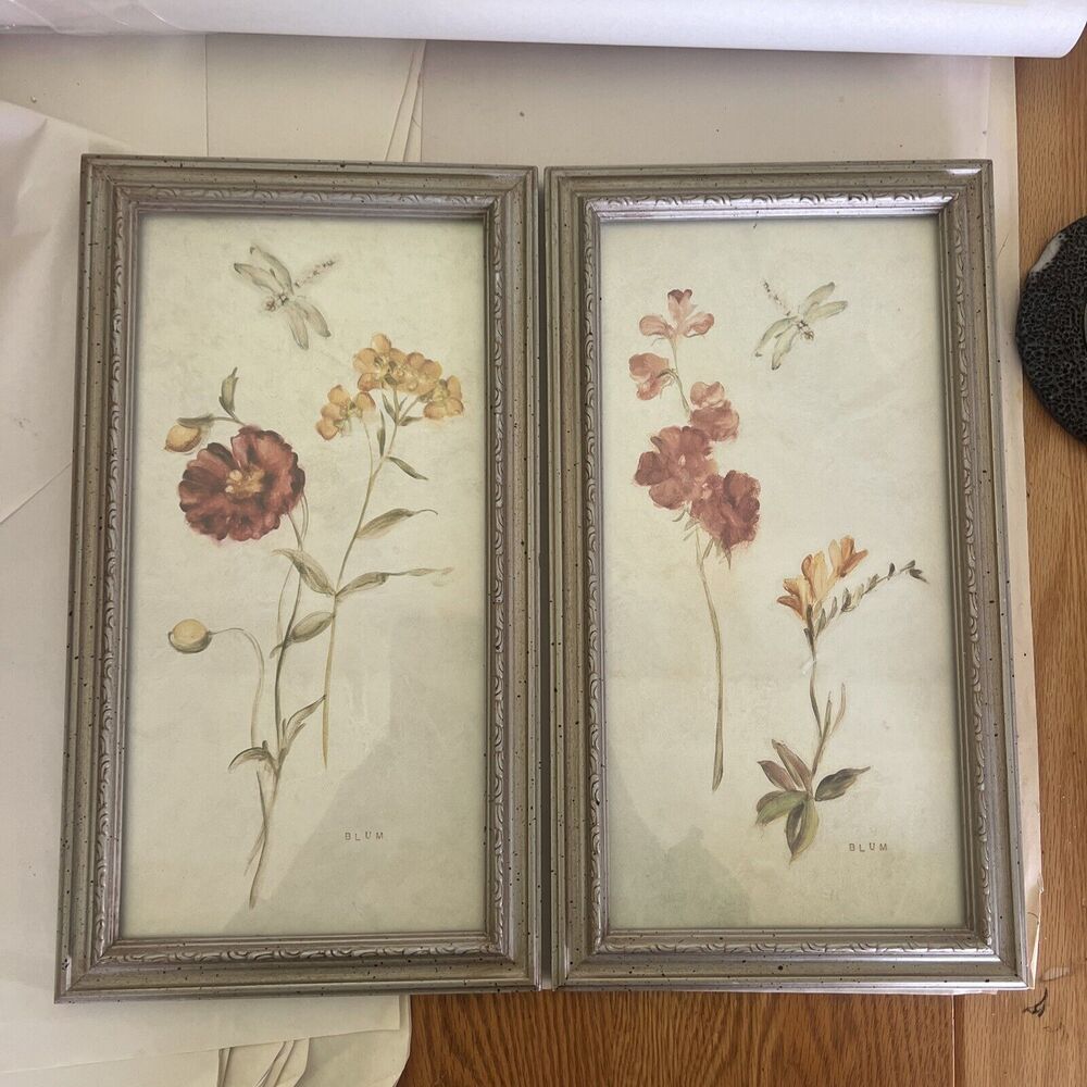 2 CHERI BLUM FRAMED PRINT WILD Wild Flowers /Dragonfly 13.25 x 7.5